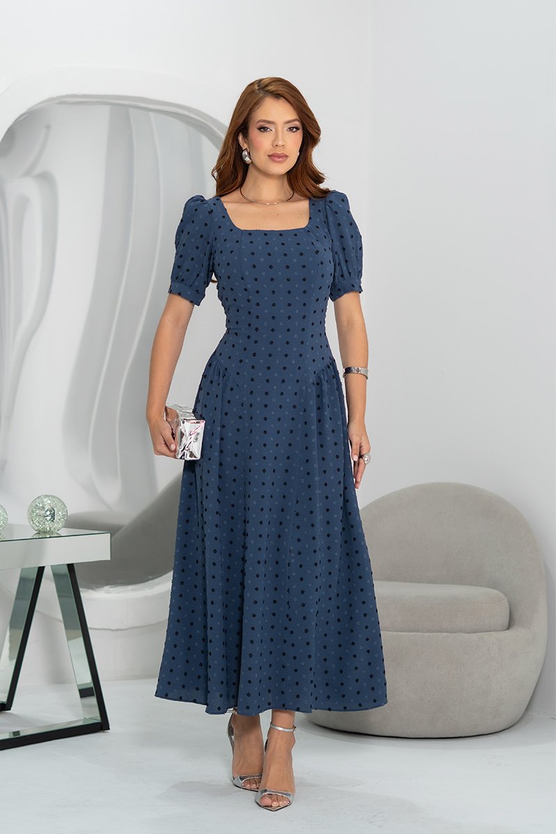 Vestido Max Luciana Pais Azul Air Flow Poá Mangas Bufantes 94261