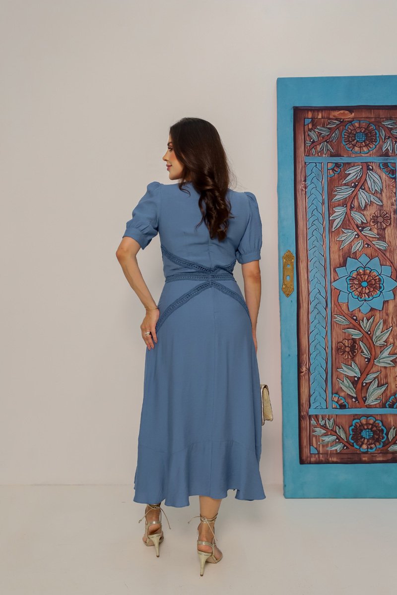 Vestido Kauly Midi Max Indigo Crepe Recortes Renda 4315