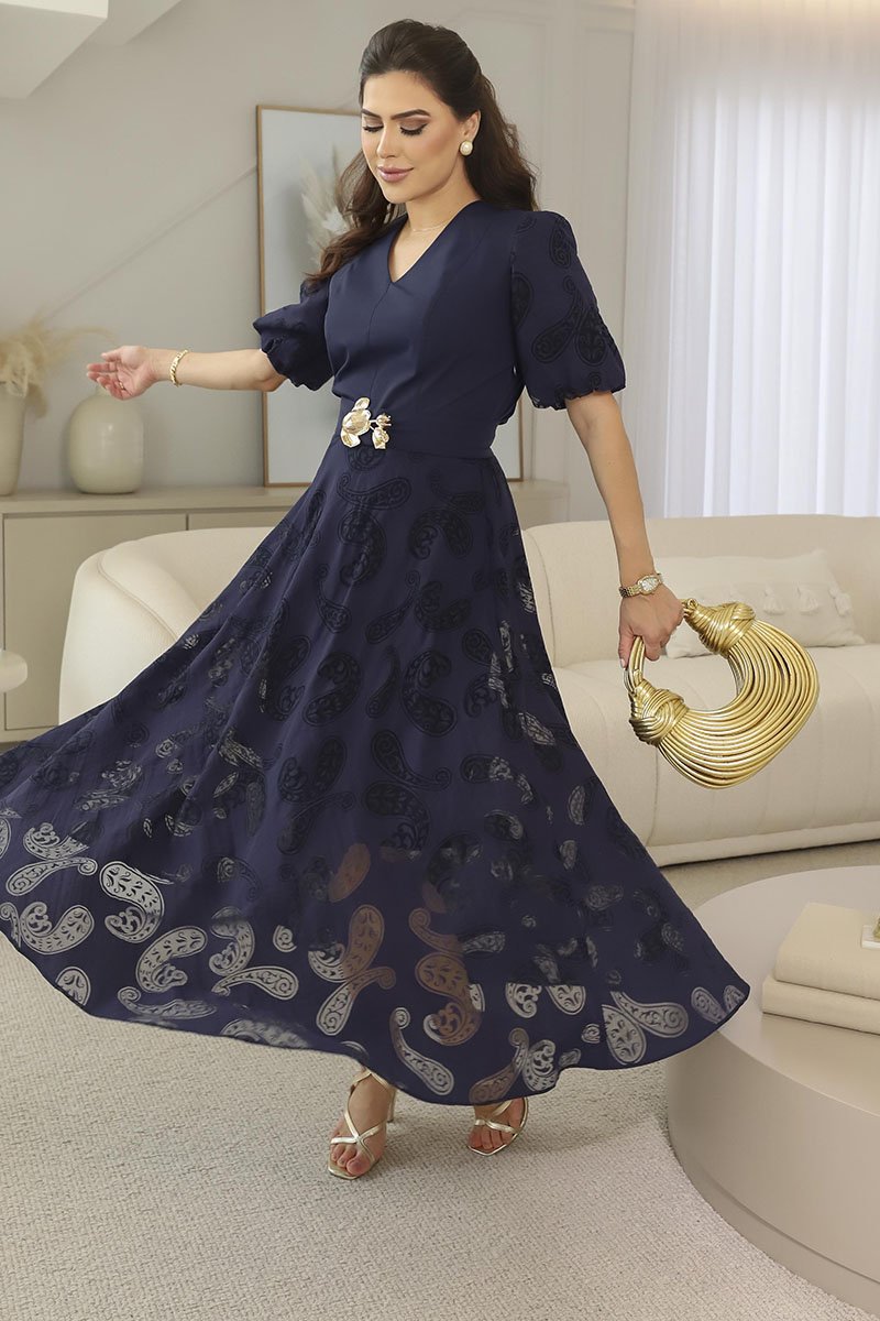 Vestido Kauly Azul Marinho Voil Devorê 4333