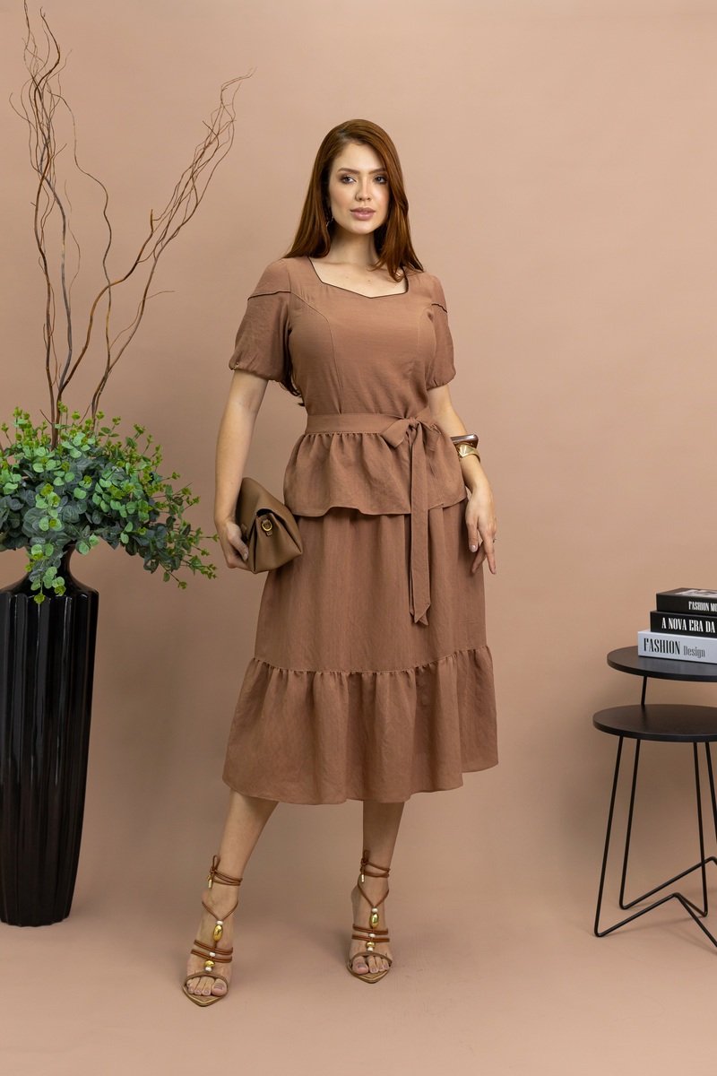 Vestido Luciana Pais Marrom Peplum 94397